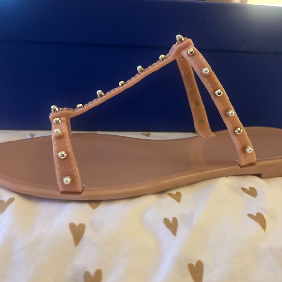 Stuart Weitzman Pearl and Gem Studded Jelly Flat Sandals - Nude - Picture 3 of 7